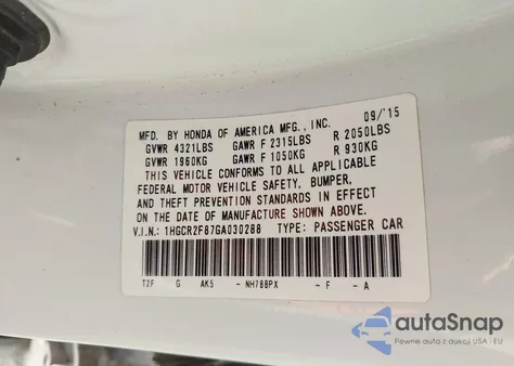 2016 Honda Accord Ex-L из США, поврежденный, VIN 1HGCR2F87GA030288